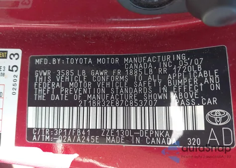 2007 Toyota Corolla Le z USA, uszkodzony, nr VIN 2T1BR32E87C853707